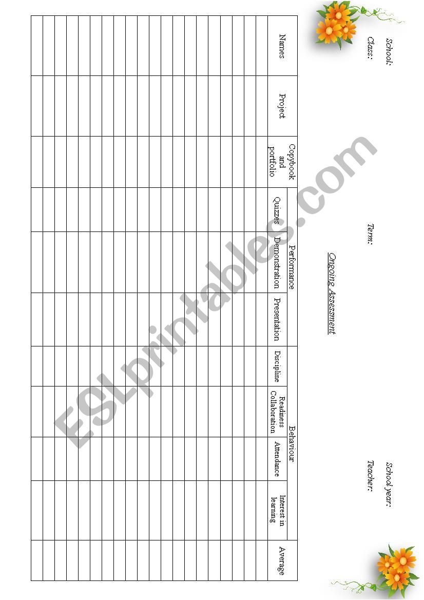 Ongoing Assessment worksheet