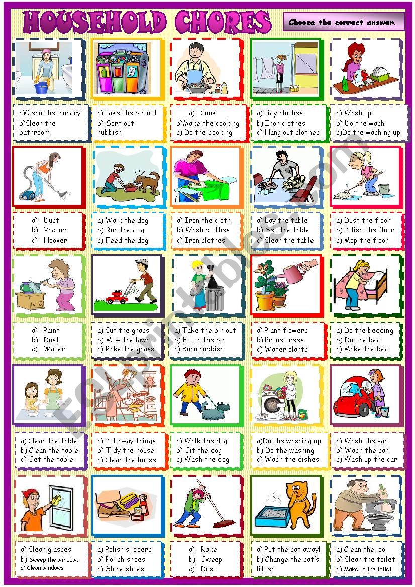 Household chores, multiple choice activity 2