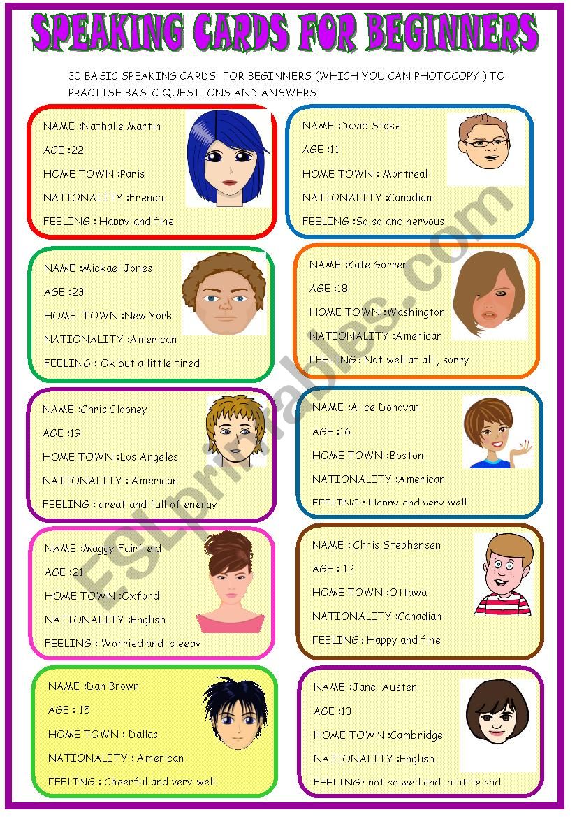 30 speaking cards for young learners