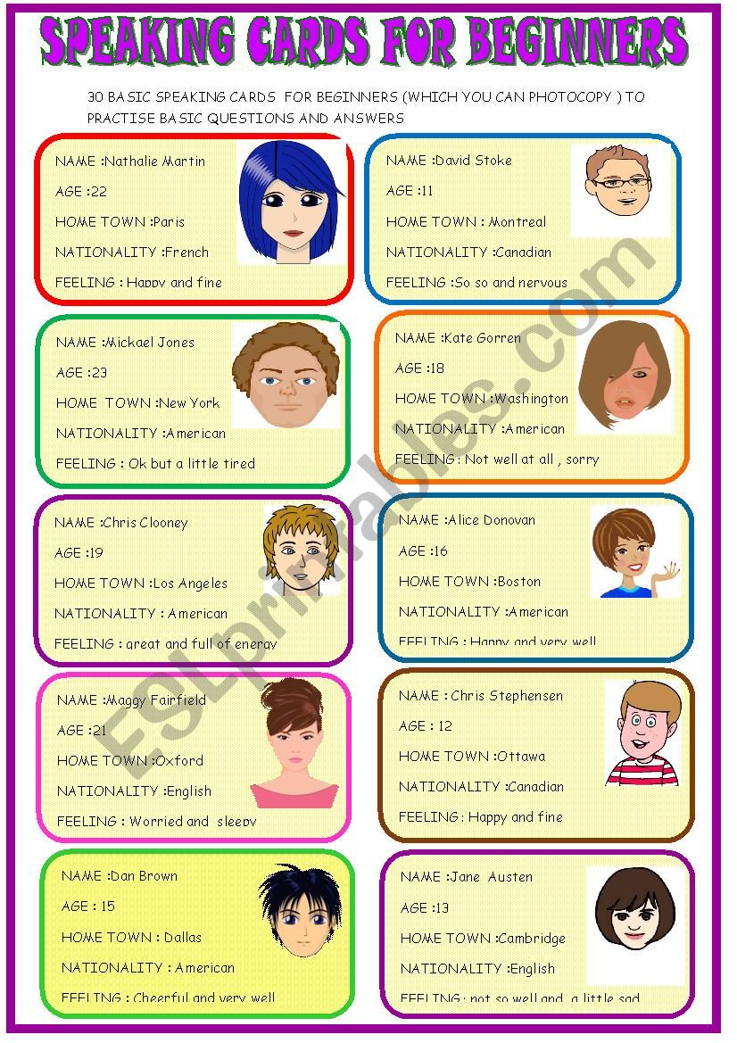 30 speaking cards for young learners