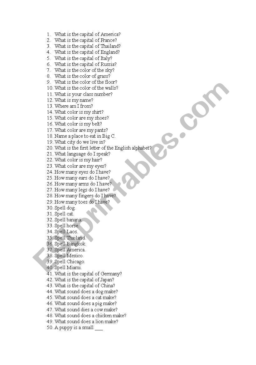 100 Questions worksheet