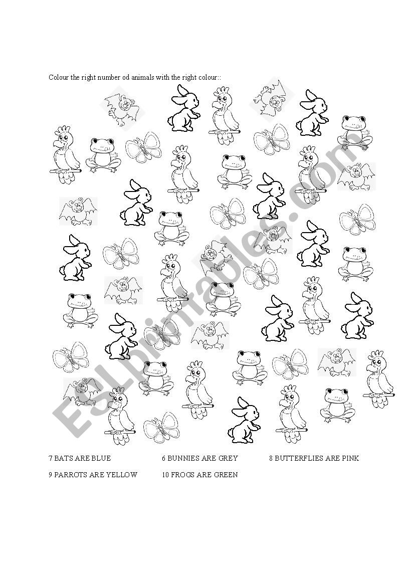 Animals, numbers and colours worksheet