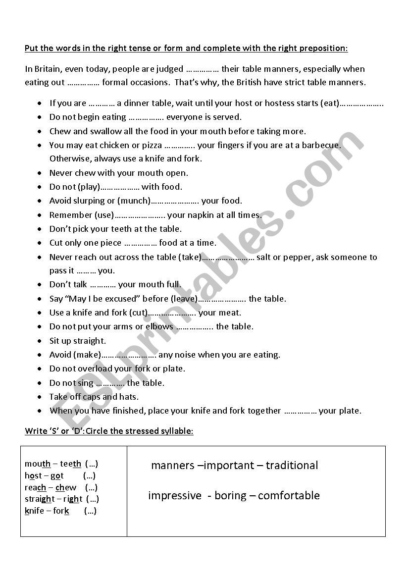 worksheet table manners  worksheet