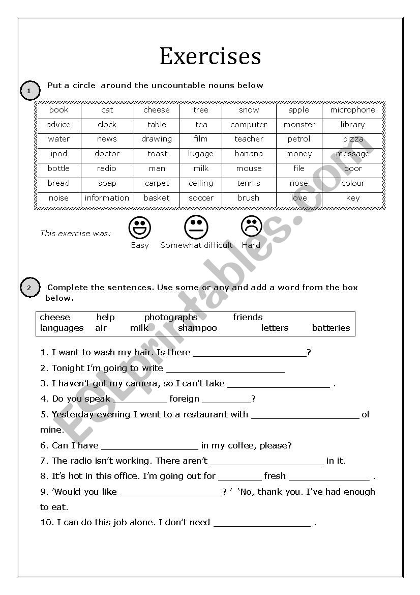 Exercises countable / uncountable nouns