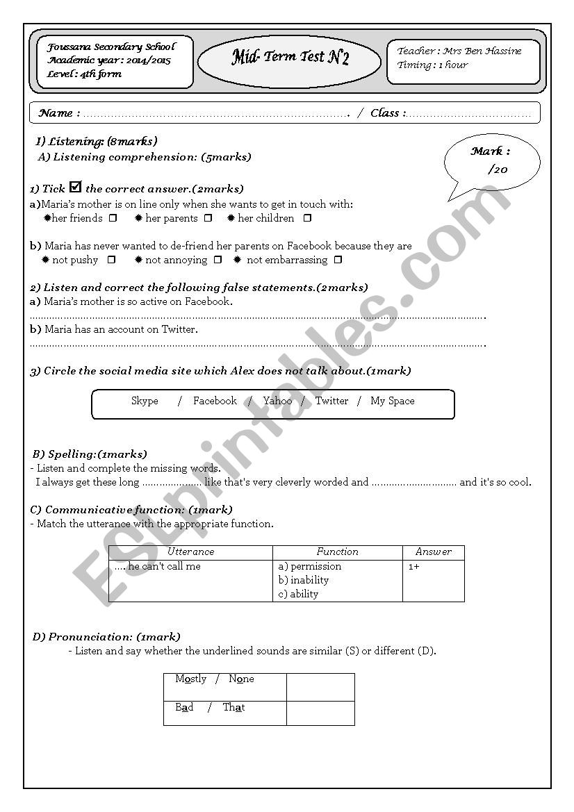 level 4 : mid-term test 2 worksheet