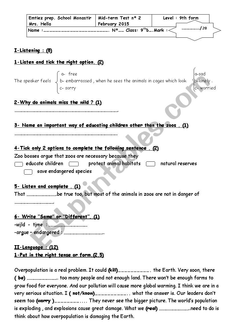 Mid-term test 9th form n2 worksheet