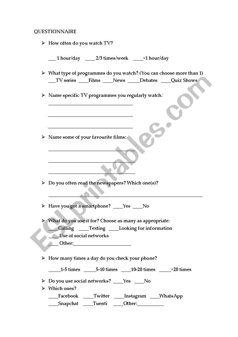 Student Questionnaire worksheet