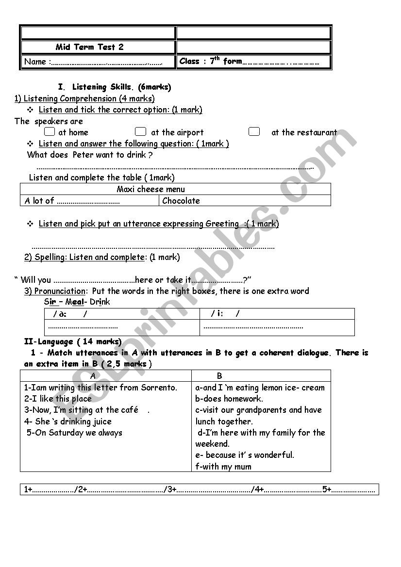 7th Grade test N2 worksheet