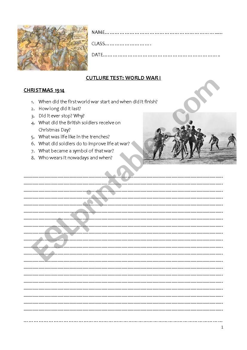 Culture test: World War 1 worksheet