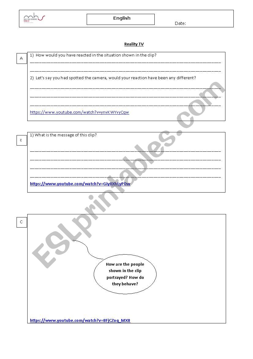 Introduction to Reality TV worksheet