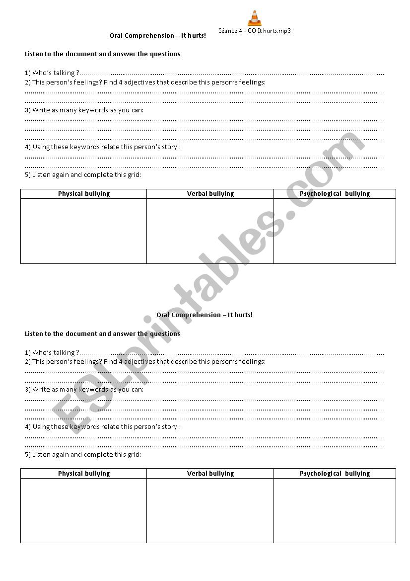 It hurts! - bullying worksheet