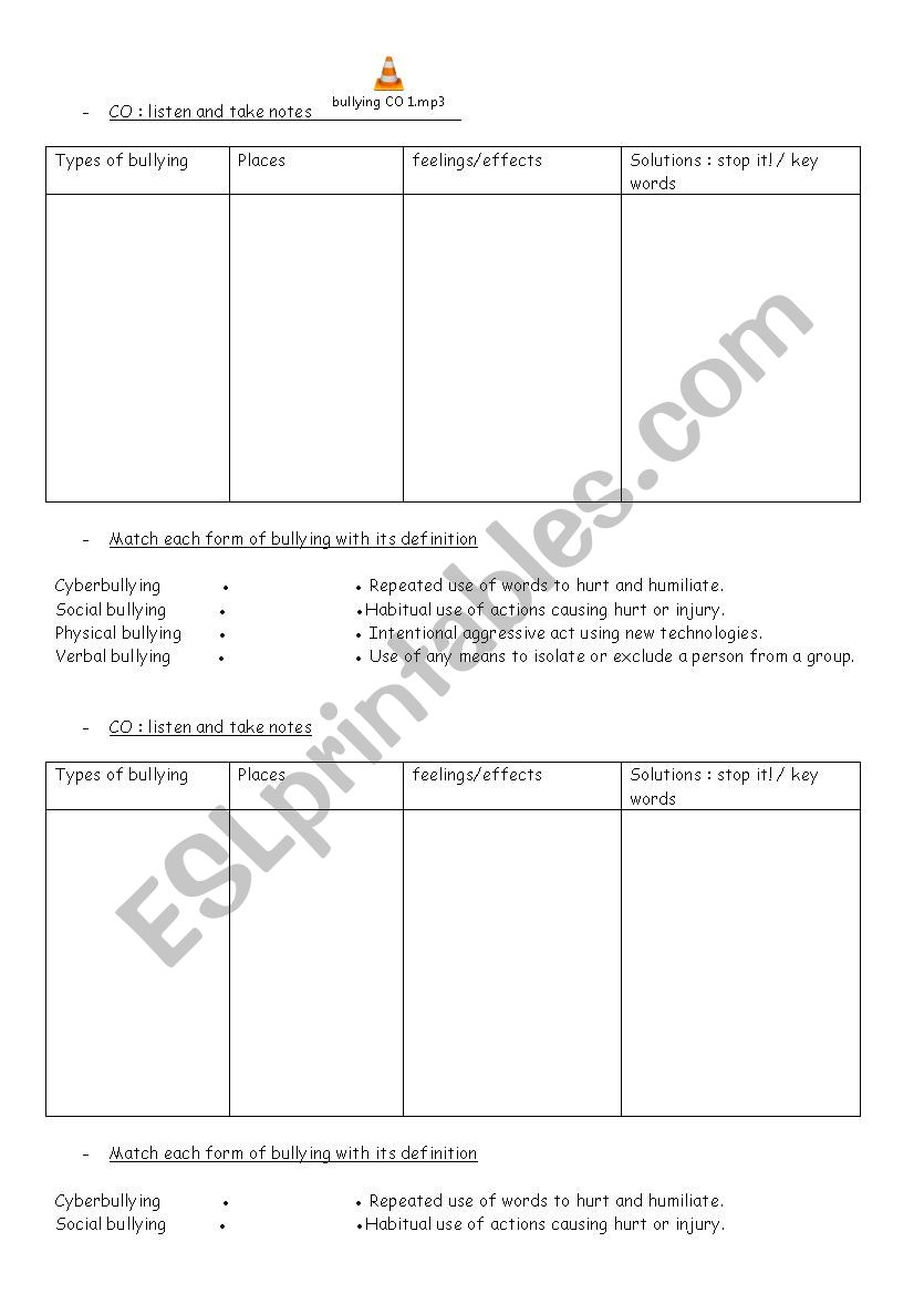 Bullying worksheet