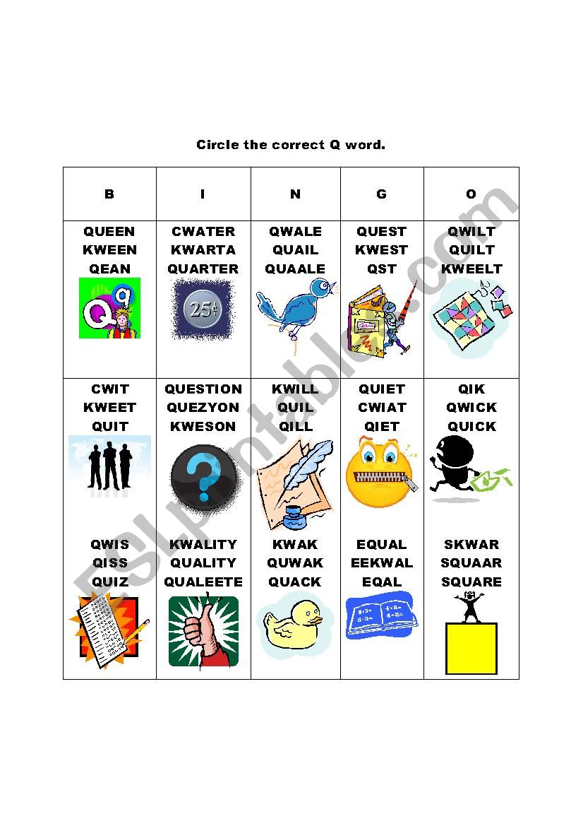 Words with Q Spelling and Bingo Game