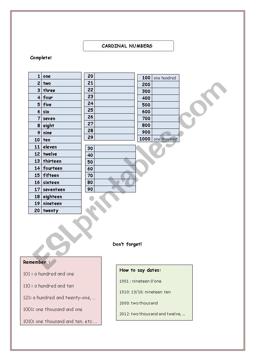 Cardinal Numbers worksheet