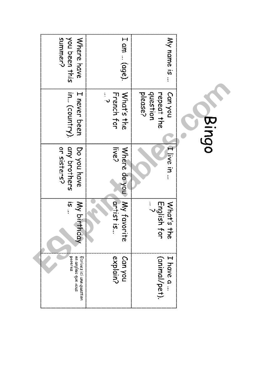 Bingo worksheet