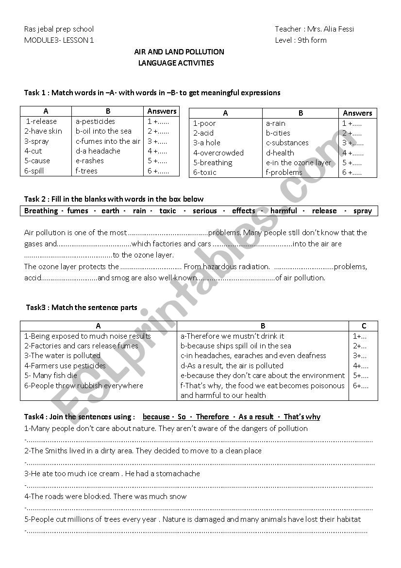 AIR AND LAND POLLUTION worksheet