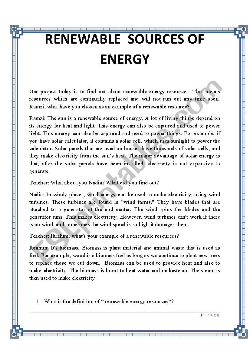 renewable sources of energy worksheet