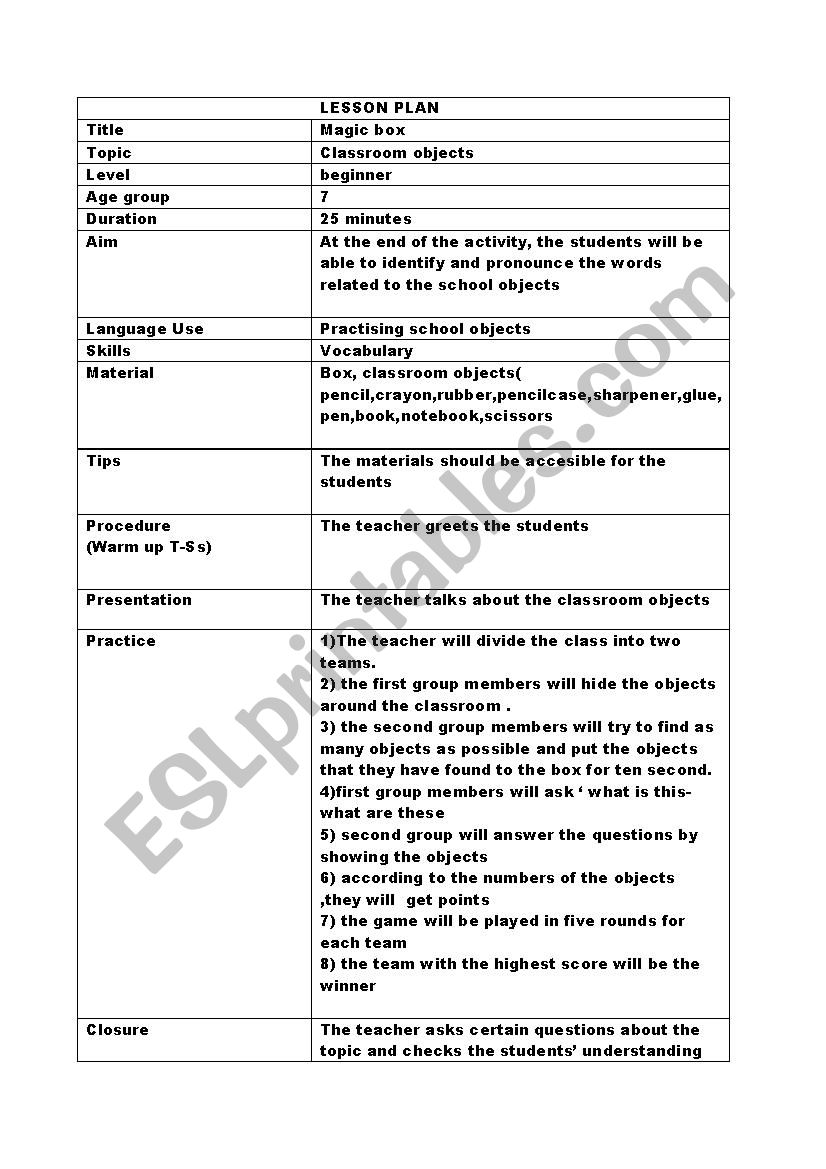 classroom objects worksheet