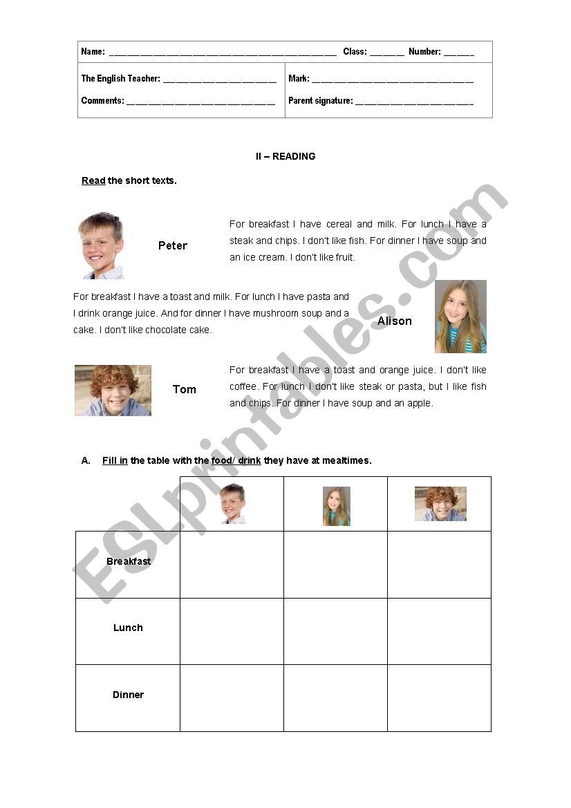 3rd grade test - Food worksheet