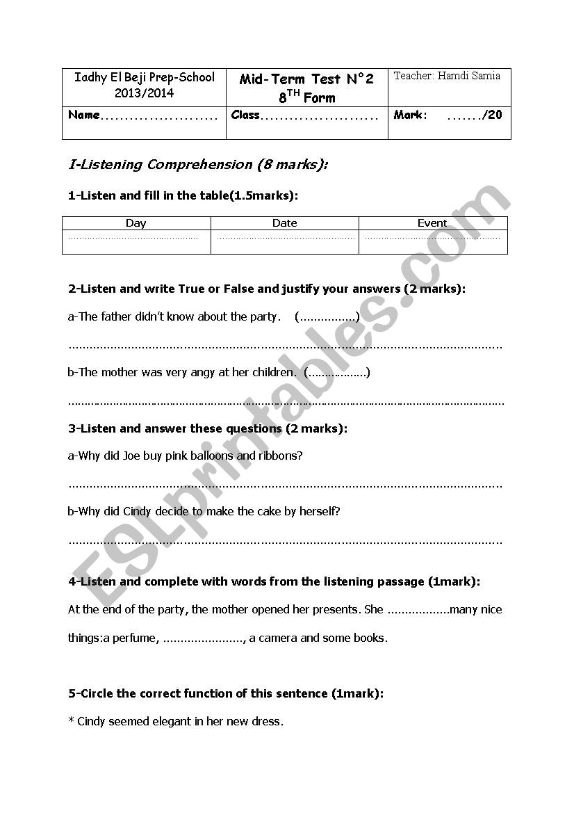 Eighth form mid-term exam worksheet