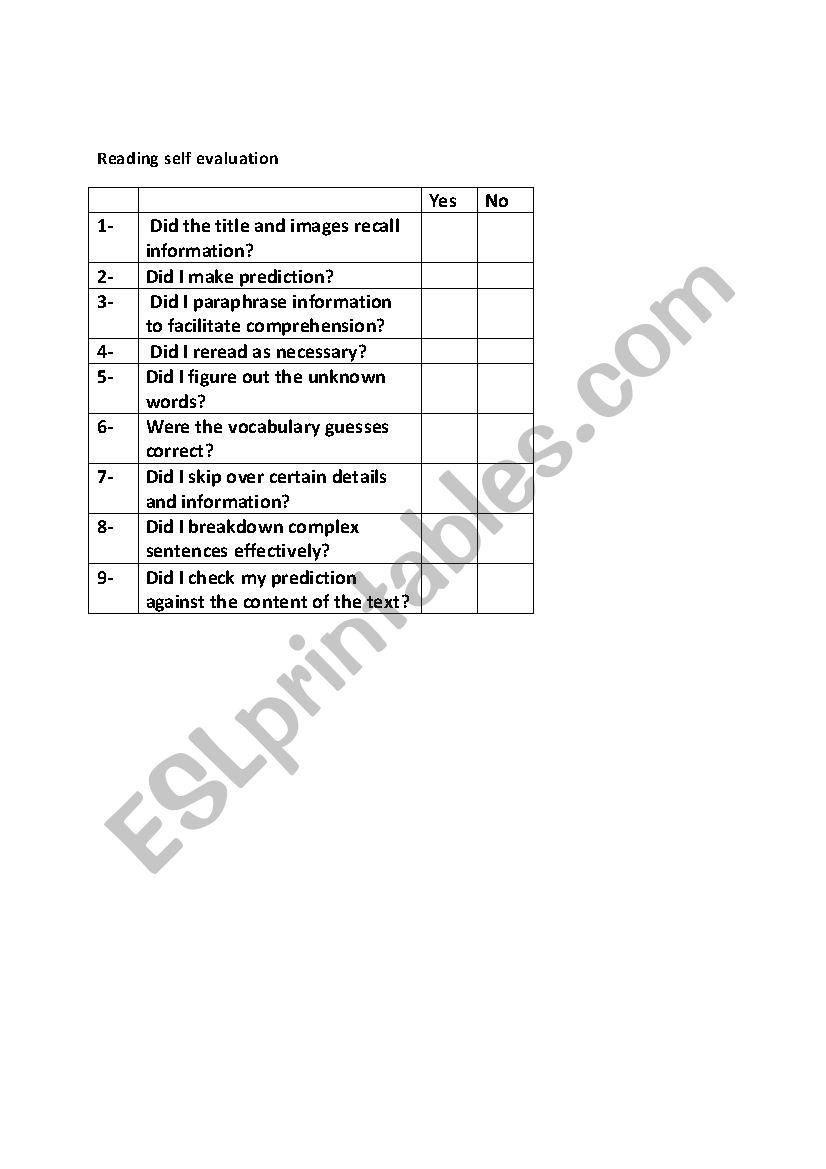 Reading self assessment worksheet