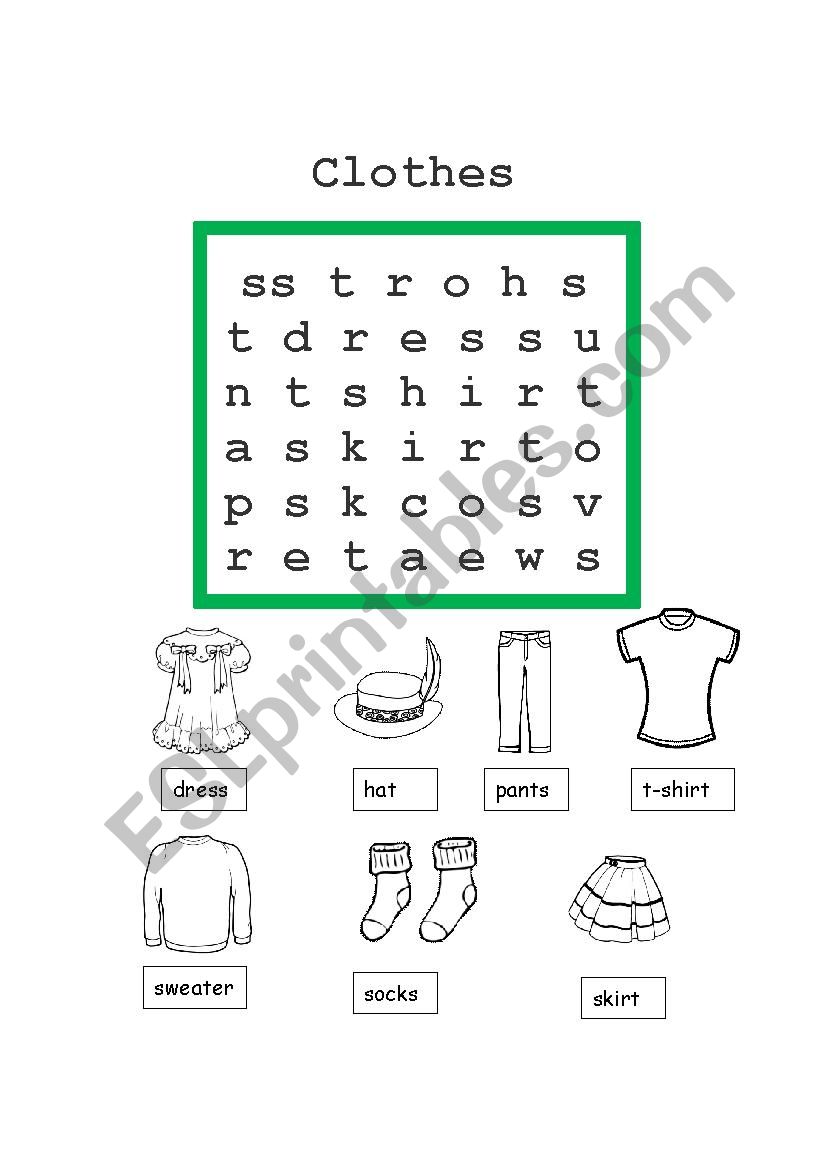 Clothes wordsearch worksheet