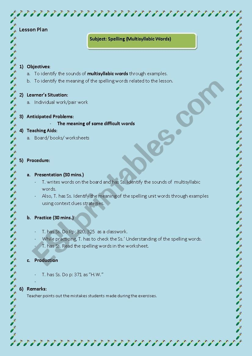 Lesson plan for spelling (Multisyllabic words)