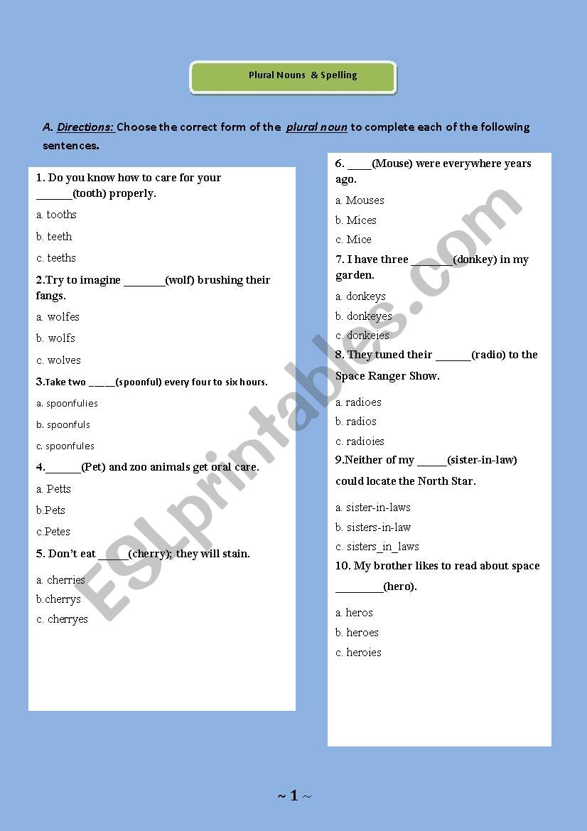 exercises about plural nouns worksheet