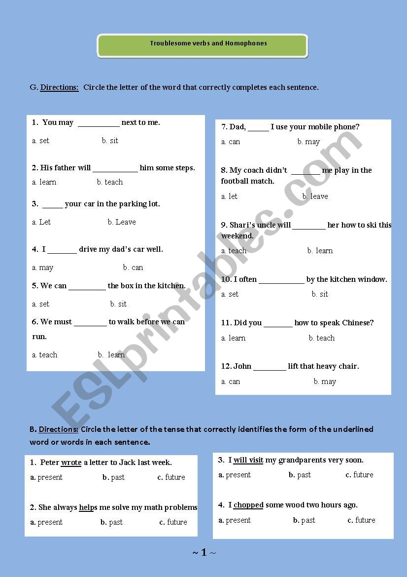 exercises about troublesome verbs & homophones