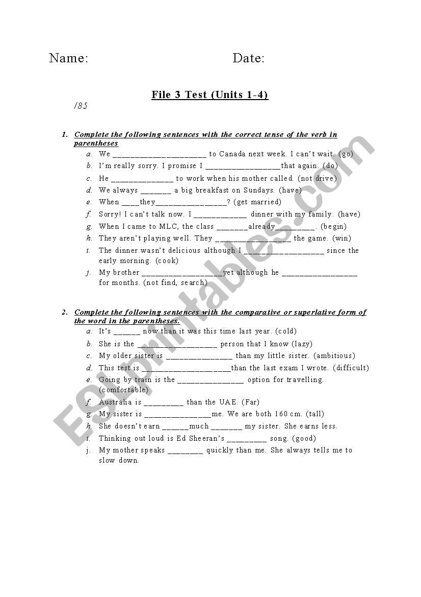 Intermediate Level Test worksheet