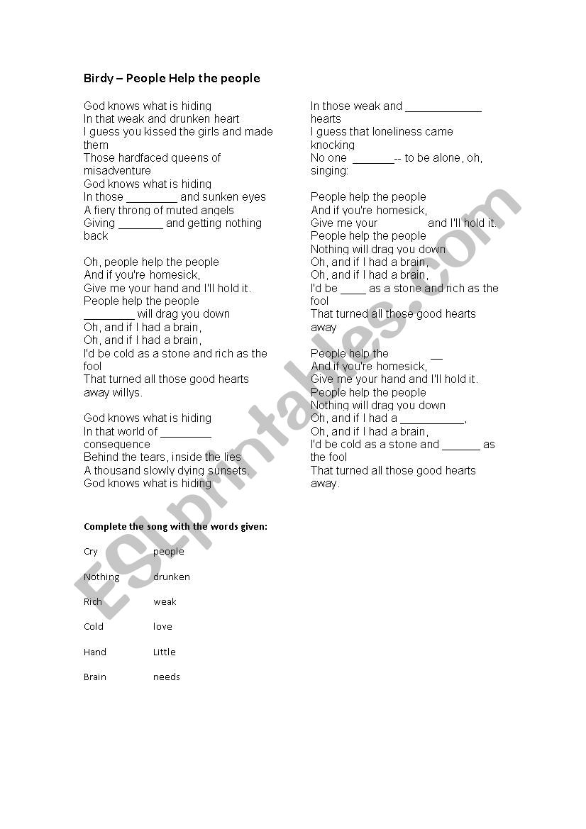 SONG: People help the people worksheet