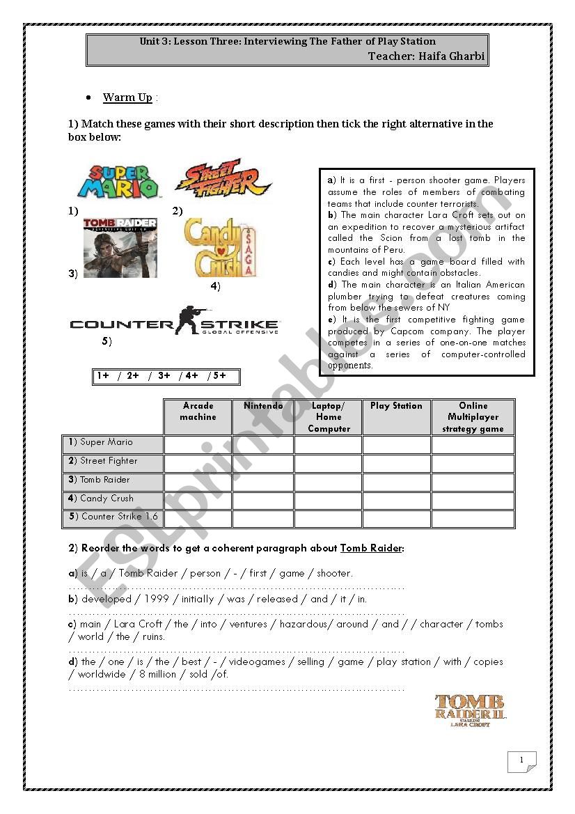 Unit 3: Lesson 4: Videogames worksheet