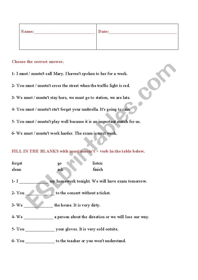 Must worksheet