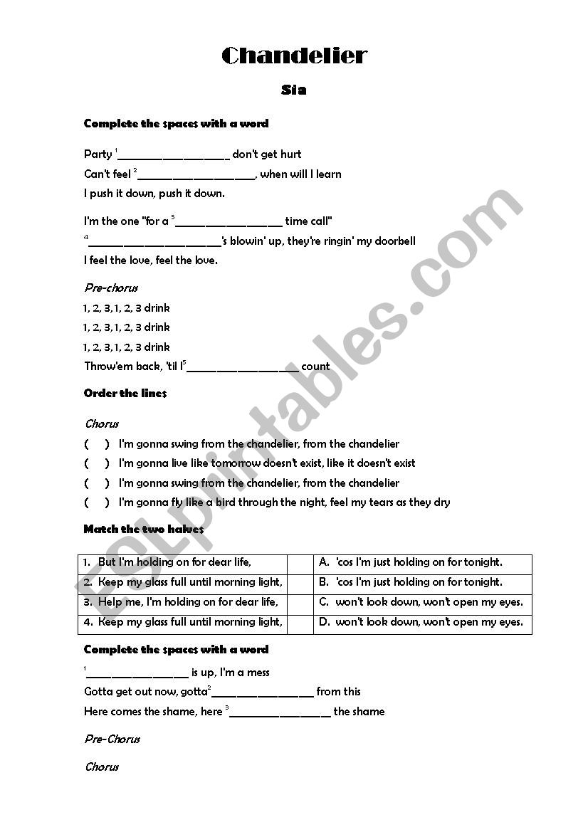 Sia - Chandelier worksheet