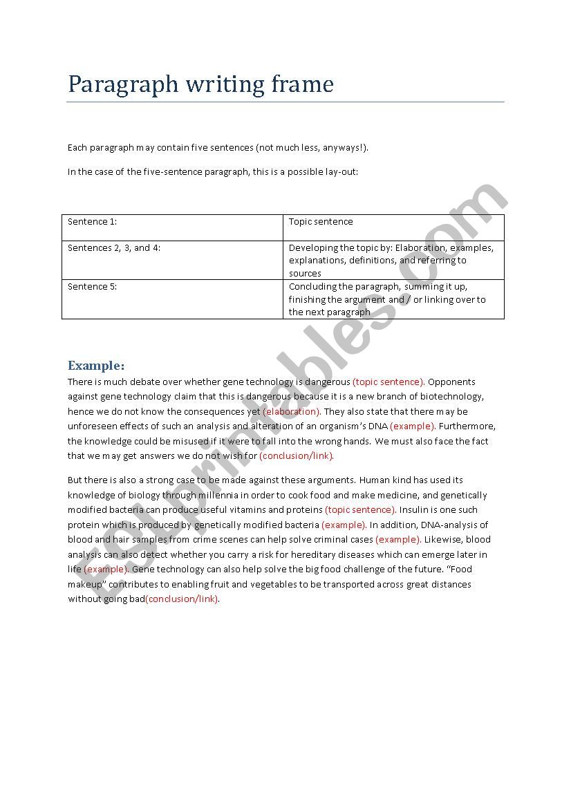 Paragraph Writing Frame worksheet