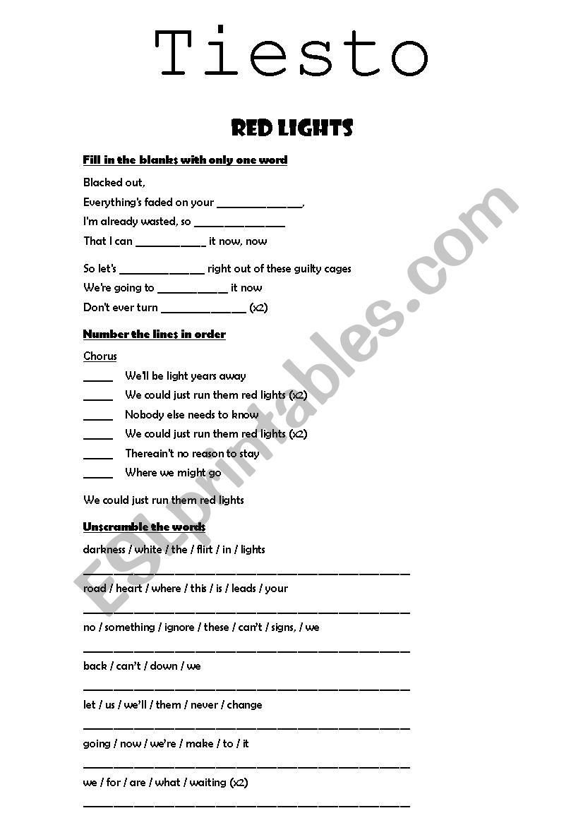 Tiesto - Red Lights worksheet