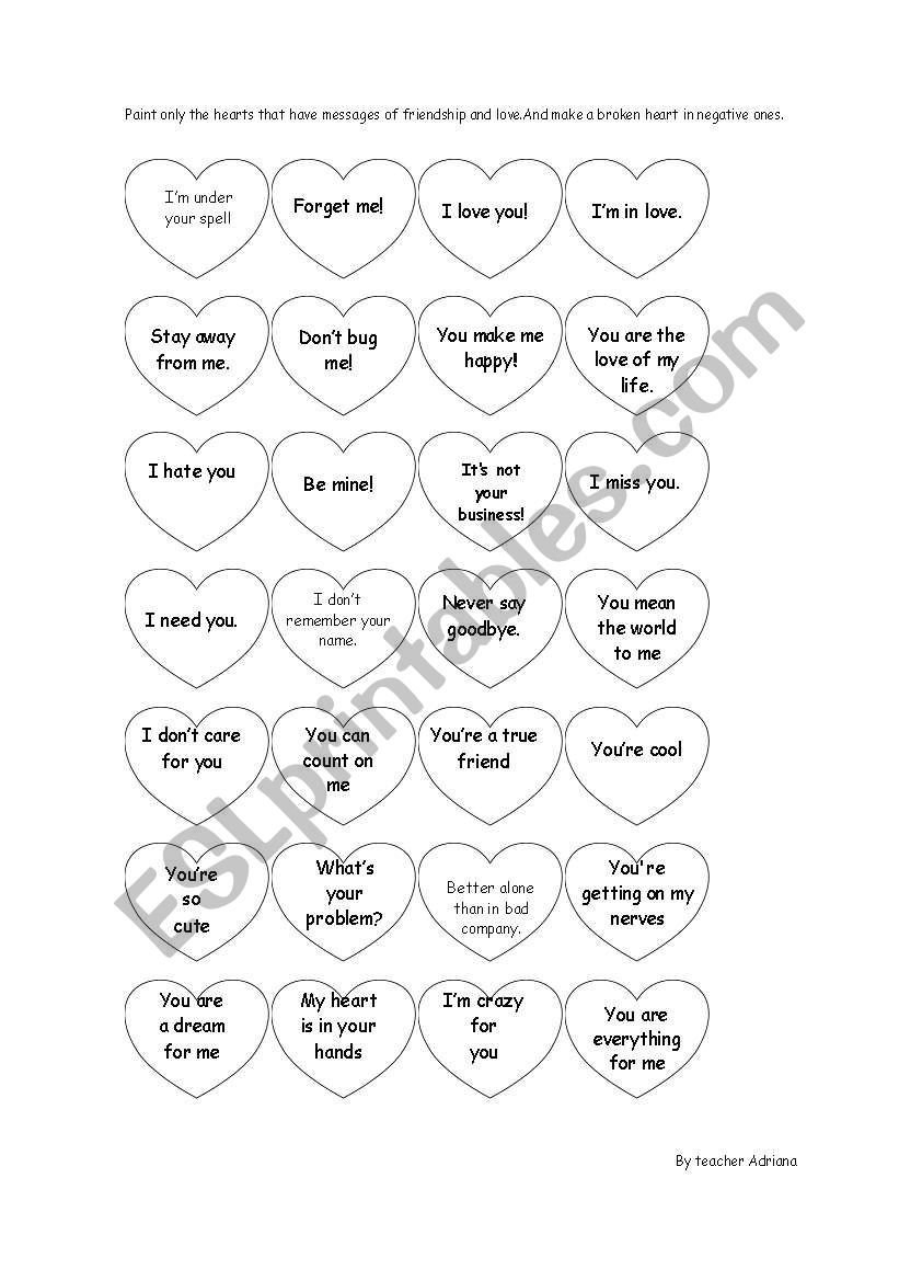 messages in the hearts worksheet