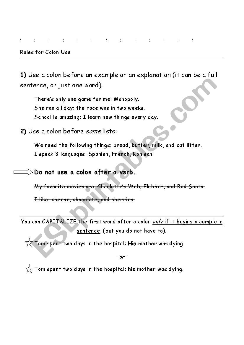 colon and semicolon rules worksheet