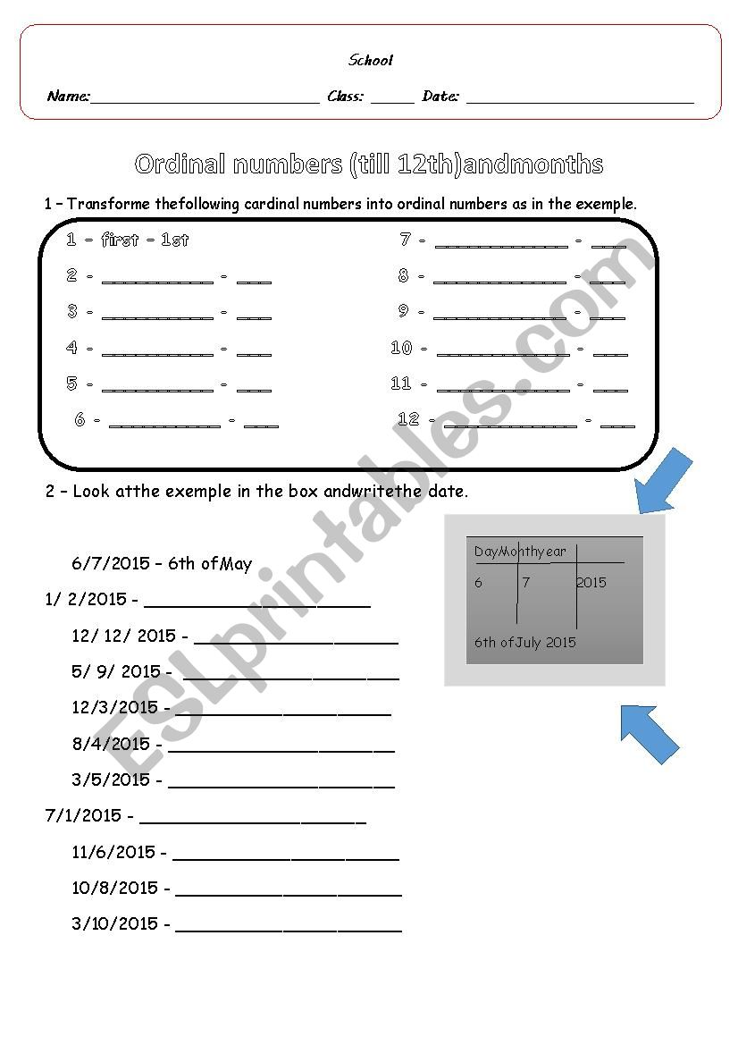 ordinal number till 12 worksheet