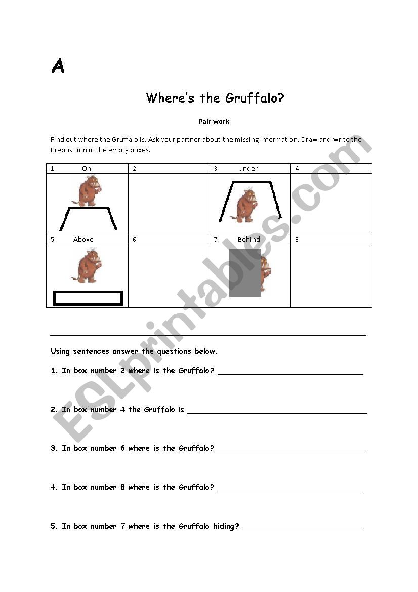 Gruffalo worksheets & game using prepositions.