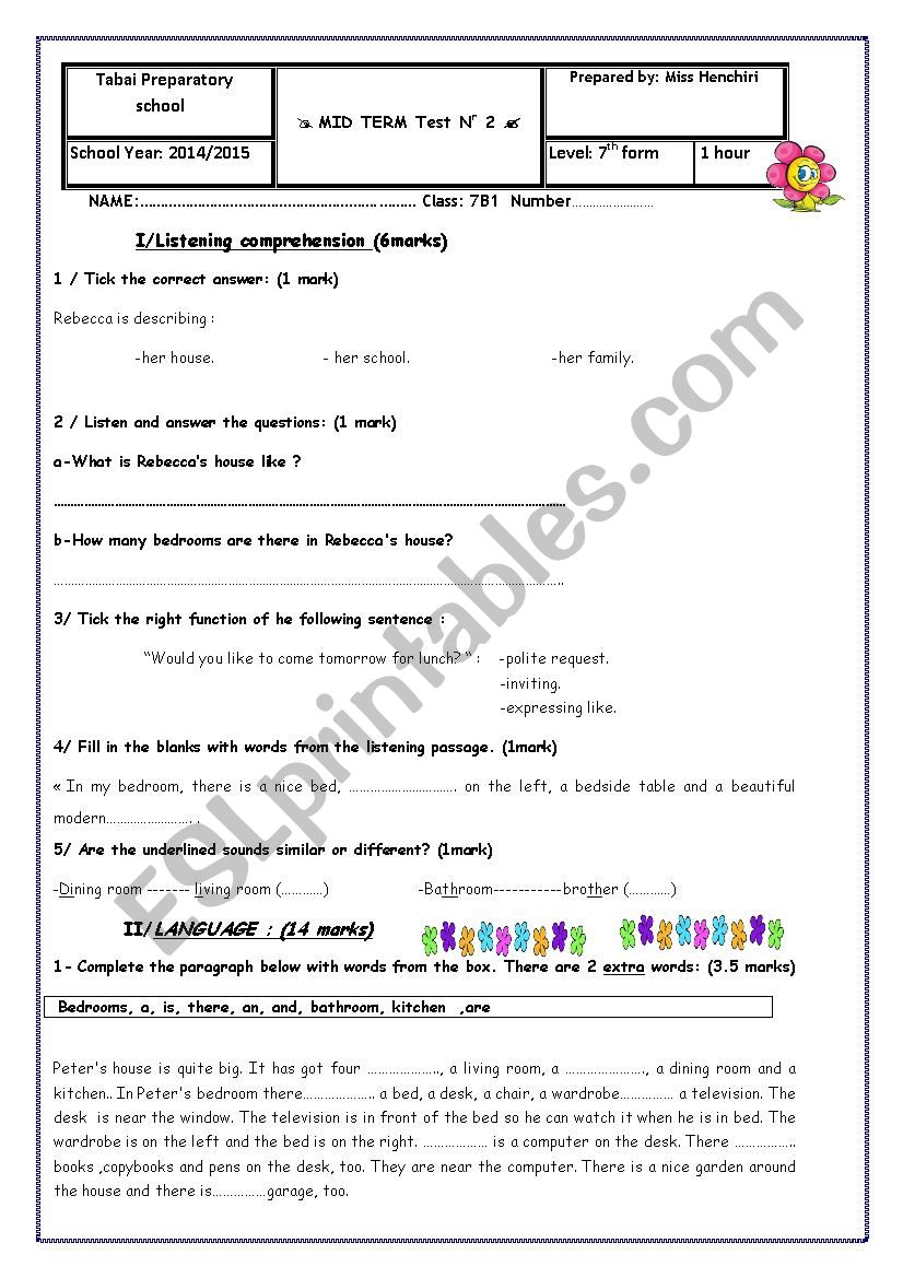 7th form Mid term test 2 worksheet