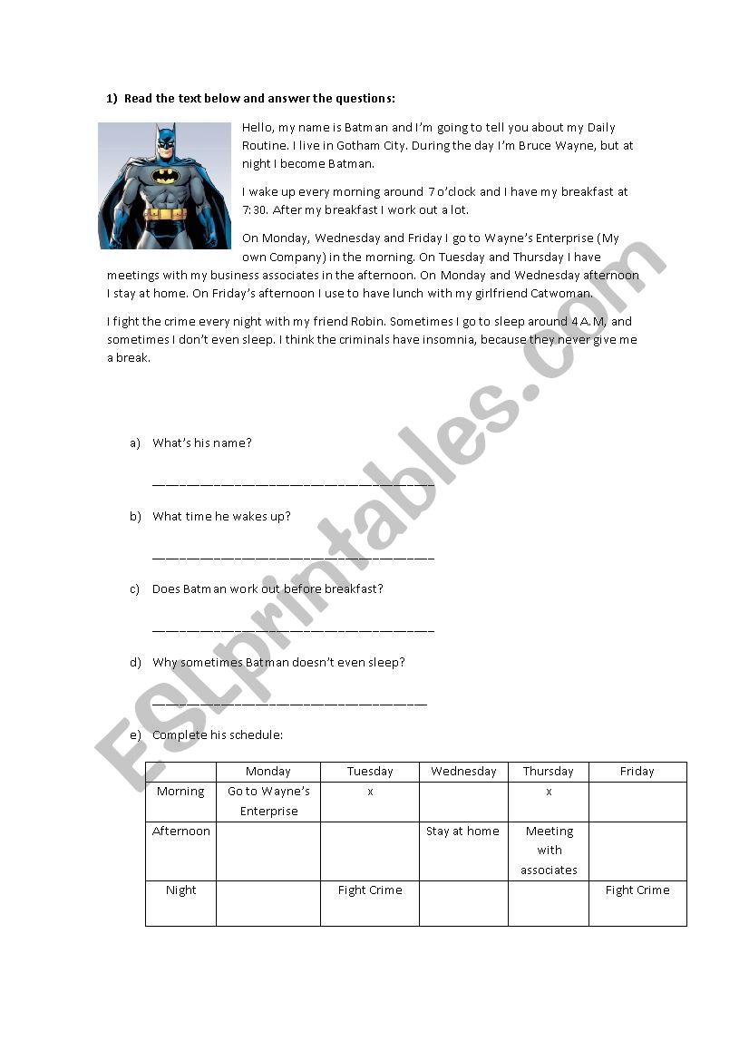 Batmans daily routine worksheet