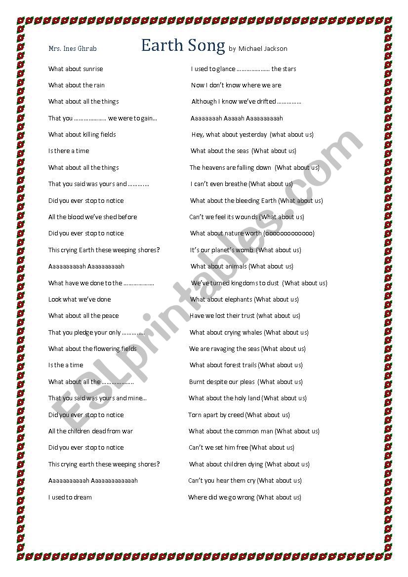 Earth song By Michael Jackson worksheet