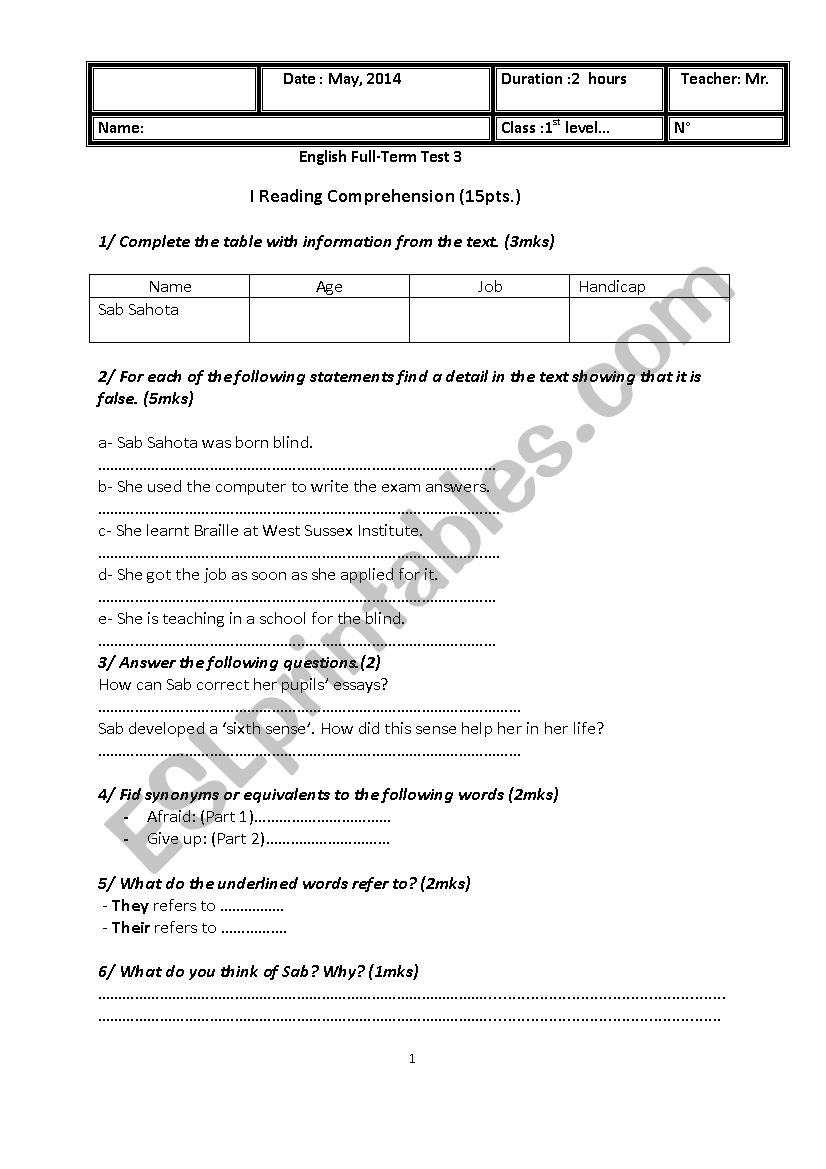 full term test 3 worksheet