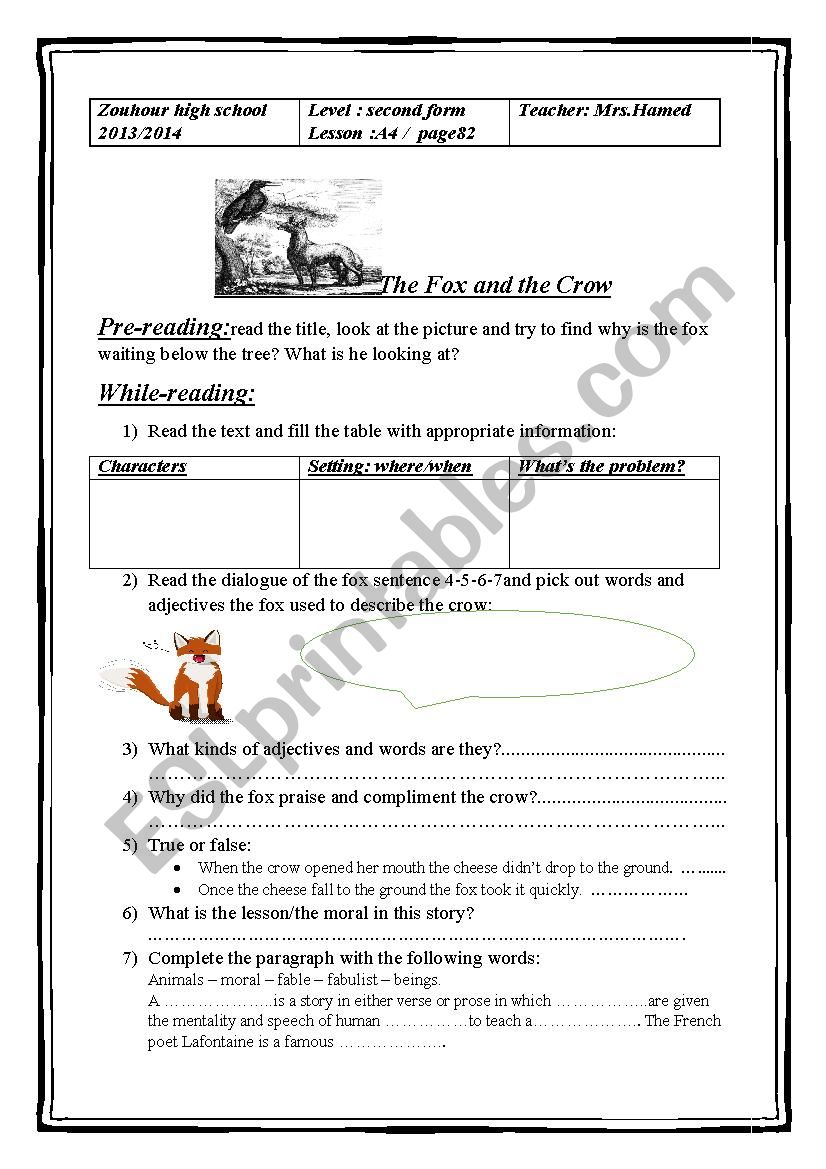the fox and the crow worksheet