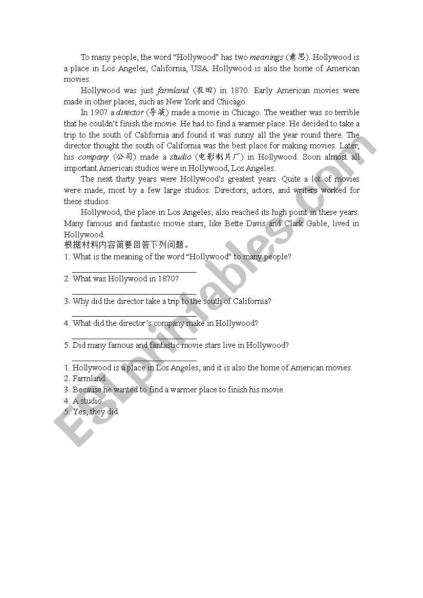 Hollywood worksheet