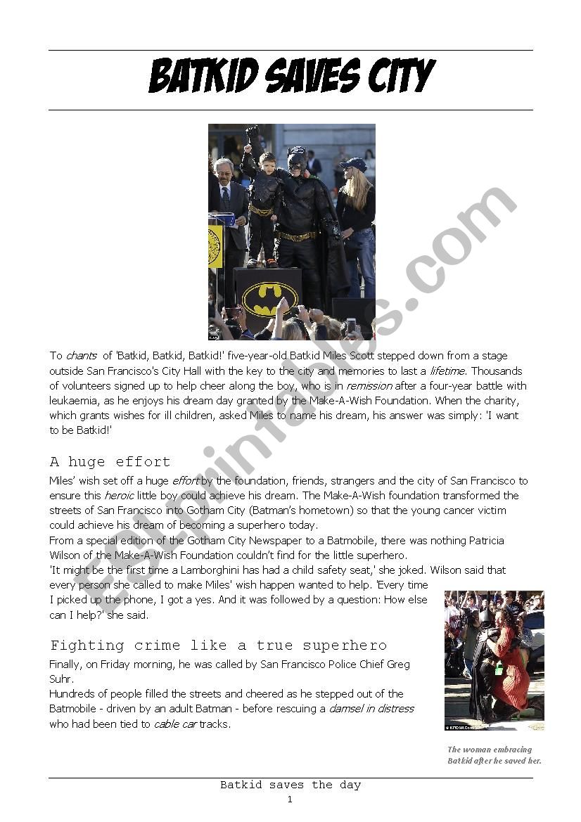 Reading: Batkid saves city worksheet