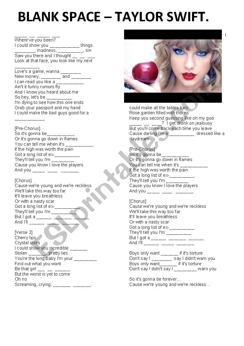 Blank Space Taylor Swift Esl Worksheet By Daiangeli