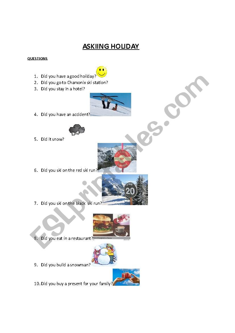 A skiing holiday : pairwork worksheet