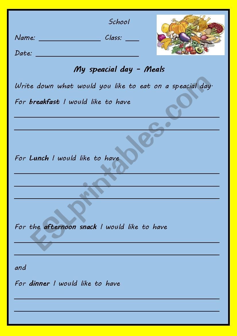 my speacial day meals worksheet